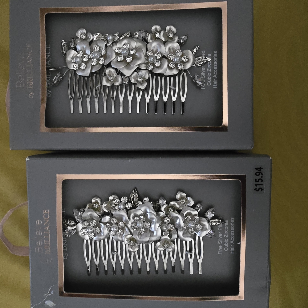 Two Silver Plated Floral Hair Combs with Cubic Zircona Cryatal Embellishments